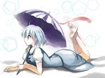  bad_id bad_pixiv_id barefoot blue_eyes blue_hair crossed_legs feet karakasa_obake lying on_stomach purple_umbrella shiawase_usagi short_hair sitting skirt solo tatara_kogasa tongue touhou umbrella 