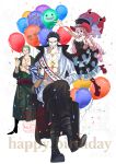  1girl 2boys ^_^ arm_tattoo balloon beard closed_eyes commentary confetti cross_pendant crossed_legs dracule_mihawk dress facial_hair full_body green_kimono happy_birthday haramaki hat highres japanese_clothes kimono kumacy long_dress long_hair looking_to_the_side multiple_boys one_piece perona roronoa_zoro sash short_hair sitting tattoo teputamu umbrella 
