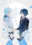  2boys absurdres alternate_costume backpack bag black_jacket black_shoes blue_eyes blue_hair chongyun_(genshin_impact) chongyun_(gigo)_(genshin_impact) closed_mouth earrings food genshin_impact green_pants highres holding holding_food holding_popsicle hood hoodie jacket jewelry long_sleeves male_focus multiple_boys necktie pants popsicle red_necktie saru_youichi shoes short_hair smile sweater_jacket tassel tassel_earrings white_hoodie xingqiu_(genshin_impact) xingqiu_(gigo)_(genshin_impact) yellow_eyes 