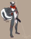 2024 anthro balls black_penis caught eyewear genitals glasses green_eyes hair half-erect hi_res holding_penis male mammal mephitid mostly_nude navel peeing penis redmok scarf skunk skunk_in_scarf solo white_hair