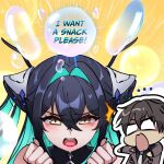  1boy 1girl accessories aqua_hair backless_bodysuit bare_shoulders black_bodysuit black_hair blue_hair bodysuit breasts brown_hair chibi cleavage colored_inner_hair commander_(nikke) faceless faceless_male folded_hair goddess_of_victory:_nikke hair_intakes hair_over_eyes highres jacket large_breasts little_mermaid_(nikke) long_hair looking_at_viewer military_uniform multicolored_hair open_mouth ryuuxin second-party_source see-through_bodysuit see-through_cleavage see-through_clothes shiny_eyes short_hair twintails very_long_hair yellow_eyes 