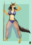 5_fingers 5_toes anthro big_breasts biped black_body black_fur black_hair bottomwear bra breasts canid canine canis claws clothed clothed_anthro clothed_female clothing colored feet female finger_claws fingers front_view full-length_portrait fur green_background grey_eyes hair hi_res humanoid_feet humanoid_hands jackal long_hair looking_aside mammal markings melee_weapon midriff multicolored_body multicolored_fur natt333 navel orange_body orange_fur panties pants plantigrade polearm portrait purple_bra purple_clothing purple_panties purple_underwear scar simple_background solo spear standing striped_markings stripes tan_body tan_fur toes translucent translucent_bottomwear translucent_clothing translucent_pants underwear weapon white_body white_fur