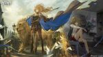  1girl animal animal_ears arknights bird black_boots black_gloves black_jacket black_skirt boots breasts brown_eyes brown_hair brown_pantyhose chair cloud cloudy_sky commentary_request day ergouzi_echo gloves hands_on_hilt highres jacket jacket_on_shoulders knee_boots knee_up korean_commentary lion lion_ears lion_girl lion_tail long_sleeves medium_breasts multiple_tails official_art on_chair outdoors pantyhose ponytail red_shorts second-party_source shirt shorts siege_(arknights) sitting skirt sky sunlight tail tiara tower white_shirt 