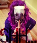  equine female hair hi_res horse human hush mammal mask multi-colored_body netherlips nightmare_fuel on_haunches purple purple_hair solo 
