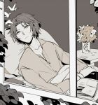  1boy bed bedroom book bush buttons closed_mouth collarbone collared_shirt cowboy_shot expressionless flower greyscale hand_on_own_arm hospital hospital_bed long_sleeves looking_outside lowres male_focus monochrome nightstand on_bed open_book origami paper_crane shirt short_hair solo suou_(sdurorhr) tennis_no_ouji-sama under_covers vase window yukimura_seiichi 