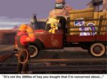  applejack_(mlp) cardboard_cutout confused cutout engineer_(team_fortress_2) equine female feral friendship_is_magic geronkizan gun hasbro hat hay horse mammal my_little_pony pony ranged_weapon team_fortress_2 truck twilight_sparkle_(mlp) valve weapon 