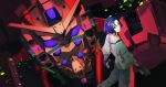  1boy blue_hair gloves glowing glowing_eyes gundam gundam_gquuuuuux highres hoshi_(5692) long_sleeves looking_at_viewer mecha mecha_focus mobile_suit multicolored_hair pants purple_eyes purple_hair red_eyes red_gundam robot science_fiction shirt short_hair shuji_ito smile two-tone_hair v-fin white_shirt 