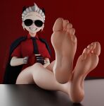  black_nails clothed clothing colored_nails demon digital_media_(artwork) eyewear feet female fingerless_gloves fingers foot_fetish foot_focus foot_on_table footwear furniture gloves hair handwear helltaker hi_res high_heels horn human humanoid justice_(helltaker) looking_at_viewer mammal n00b-body nails necktie not_furry pedicure red_clothing red_shirt red_topwear shirt shoes simple_background smile soles solo sunglasses table toes topwear white_hair wide_hips 
