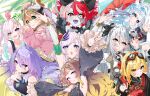  6+girls :d :o absurdres airani_iofifteen animal_ear_fluff animal_ears anya_melfissa area_15 arm_up arms_up ayunda_risu azusa_(azunyan12) bandaged_arm bandages black_choker blonde_hair blue_eyes blue_nails blunt_bangs bow braid brown_hair choker commentary detached_sleeves double_bun english_commentary everyone eyes_visible_through_hair fangs frilled_bow frills goggles goggles_on_head gradient_hair green_eyes grey_hair grin hair_between_eyes hair_bun hair_over_one_eye half_up_braid hammer heterochromia highres holding holding_hammer holoh3roes hololive hololive_indonesia holoro kaela_kovalskia kobo_kanaeru kureiji_ollie long_hair long_sleeves looking_at_viewer mismatched_pupils moona_hoshinova multicolored_hair multiple_girls nail_polish open_mouth paint_splatter paint_splatter_on_face patchwork_skin pavolia_reine puffy_long_sleeves puffy_sleeves purple_eyes purple_hair red_eyes red_hair short_sleeves smile squirrel_ears squirrel_girl stitched_face stitches streaked_hair symbol-shaped_pupils umbrella vestia_zeta virtual_youtuber white_hair x-shaped_pupils yellow_eyes 
