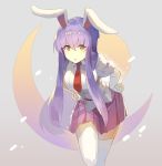  1girl :o alternate_eye_color animal_ears bangs breasts bunny_ears commentary_request crescent eyebrows_visible_through_hair feet_out_of_frame grey_background hair_between_eyes hands_on_hips highres large_breasts leaning_forward long_hair looking_at_viewer miniskirt necktie orange_eyes parted_lips pleated_skirt puffy_short_sleeves puffy_sleeves purple_skirt red_neckwear reisen_udongein_inaba rin_falcon shirt short_sleeves sidelocks simple_background skirt solo standing thighhighs thighs touhou very_long_hair white_legwear white_shirt zettai_ryouiki 