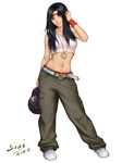 adjusting_hair armband baggy_pants baseball_cap belt blue_hair brown_eyes casual crop_top hair_down hat hat_removed headband headwear_removed highres holding jewelry long_hair midriff navel necklace pants pen-tropic ryuuko_no_ken shoes signature sneakers solo the_king_of_fighters toudou_kasumi wristband 