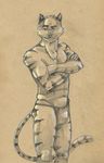  crossed_arms feline folded_arms looking_at_viewer male mammal monochrome muscles sepia smile solo standing thong tiger tush 