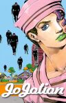  1boy 1other araki_hirohiko black_hat black_pants blue_eyes blue_sky bowler_hat building cane dixie_cup_hat facial_mark flying from_behind green_hair green_lips hat hatching_(texture) higashikata_josuke_(jojolion) highres holding holding_cane house jojo_no_kimyou_na_bouken jojolion looking_at_viewer makeup male_focus military_hat non-web_source official_art pants parted_lips pink_hat pink_sailor_collar pink_scarf pink_shirt sailor sailor_collar scarf shirt sky stand_(jojo) teeth three_quarter_view tree wonder_of_u 