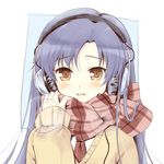  blue_hair blush brown_eyes face headphones idolmaster idolmaster_(classic) kisaragi_chihaya komi_zumiko long_hair looking_at_viewer necktie plaid plaid_scarf scarf solo sweat upper_body 