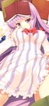  blush book book_on_head bow breasts covered_nipples hair_bow hat hat_removed headwear_removed highres komone_ushio large_breasts long_hair looking_at_viewer lying object_on_head on_back open_book patchouli_knowledge purple_eyes purple_hair solo striped touhou vertical_stripes 