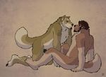  beard canine cbh dog duo eye_contact facial_hair flaccid gay goatee hair looking_at_each_other male mammal nude penis plain_background sitting 