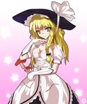  alphes_(style) blonde_hair braid breasts cleavage dress elbow_gloves gloves hair_ribbon hat hat_ribbon invincible_marisa kaoru_(gensou_yuugen-an) kirisame_marisa medium_breasts mushroom new_super_marisa_land older parody puffy_sleeves ribbon side_braid single_braid solo star style_parody touhou white_gloves witch_hat yellow_eyes 