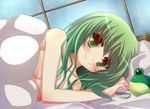 afterglow blush covering covering_breasts frog green_eyes green_hair kochiya_sanae looking_at_viewer lying naked_sheet nude on_side shefu smile solo touhou under_covers 