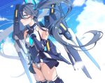  1girl absurdres aris_(blue_archive) aris_(mecha_suit)_(blue_archive) bare_shoulders black_hair blue_archive blue_eyes blue_gloves blue_skirt blue_thighhighs blush elbow_gloves gloves hair_between_eyes highleg highleg_leotard highres leotard long_hair looking_ahead mecha mono_(mo_n_mno) official_alternate_costume official_alternate_hairstyle parted_lips robot sidelocks skirt solo thighhighs twintails white_leotard 