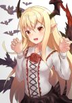 1girl :d animal bangs bat black_skirt blonde_hair blush breasts collarbone collared_shirt commentary_request cross-laced_clothes fang fingernails flower frilled_shirt_collar frills gradient gradient_background granblue_fantasy hair_between_eyes hands_up head_wings long_hair long_sleeves looking_at_viewer miniskirt open_mouth pnt_(ddnu4555) pointy_ears red_eyes red_flower rose sharp_fingernails shirt shirt_tucked_in sidelocks skirt small_breasts smile solo upper_body vampy white_background white_shirt wings 