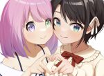  2girls ai_(u_e_o_o) blue_dress blue_eyes blush brown_hair closed_mouth dress green_eyes heart heart_hands heart_hands_duo hetero highres himemori_luna himemori_luna_(sundress) hololive multiple_girls official_alternate_costume official_alternate_hair_length official_alternate_hairstyle oozora_subaru oozora_subaru_(casual) pink_eyes pink_hair shirt short_hair smile virtual_youtuber white_background white_shirt 