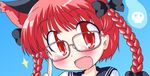  :d alternate_costume animal_ears bespectacled blush bow braid cat_ears extra_ears face fang geetsu glasses kaenbyou_rin open_mouth pink-framed_eyewear red_eyes red_hair school_uniform serafuku smile solo touhou twin_braids twintails 