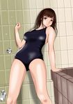  absurdres anegasaki_nene arm_support bathroom blush breasts brown_hair highres large_breasts long_hair love_plus mole mole_under_eye one-piece_swimsuit purple_eyes solo swimsuit tiles zakuro0508 