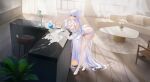  1girl absurdly_long_hair absurdres albion_(a_fairy-tale_breakfast)_(azur_lane) albion_(azur_lane) ass azur_lane bare_shoulders bent_over blue_eyes blush bra breast_rest breasts breasts_on_table butterfly_hair_ornament cleavage collared_shirt couch cup curtains feet flower full_body glass grey_hair hair_ornament highres huge_ass huge_breasts indoors lace lace-trimmed_legwear lace-trimmed_thighhighs lace_trim large_breasts leaning_forward leaning_on_object legs long_hair long_legs long_sleeves looking_at_viewer manjuu_(azur_lane) milk milk_carton no_shoes non-web_source official_alternate_costume official_art open_clothes open_shirt panties plant pointy_ears potted_plant see-through_clothes shirt skindentation solo spill spilled_milk standing stool sunlight table thighhighs thighs thong underwear vase very_long_hair white_flower white_hair white_shirt white_thighhighs window wooden_floor 