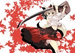  animal_ears detached_sleeves geta hat iga_tamaki inubashiri_momiji leaf maple_leaf midriff red_eyes shield short_hair silver_hair simple_background skirt solo sword tail tokin_hat touhou weapon wolf_ears wolf_tail 