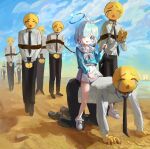  1girl 6+boys :d absurdres all_fours arona_(blue_archive) beach black_necktie black_pants blue_archive blue_eyes blue_hair blue_halo blue_shirt blue_sky blush blush_stickers bound bow bow_hairband bowtie braid chain chain_leash cloud cloudy_sky commentary crying crying_emoji cuffs day emoji english_commentary hairband halo handcuffs highres kagana_helsuki leash long_sleeves meme multicolored_hair multiple_boys necktie outdoors pants pink_hair riding rope shirt shoes single_braid sitting sitting_on_person skirt sky smile straddling streaming_tears tears uohhhhhhhhh!_(meme) walking white_bow white_bowtie white_hairband 