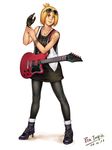  adjusting_clothes adjusting_gloves blonde_hair blue_mary bracelet casual chemise eyewear_on_head fatal_fury gloves grey_eyes guitar high_heels highres instrument jewelry necklace pantyhose pen-tropic ponytail shoes short_hair signature solo sunglasses tattoo the_king_of_fighters vest 