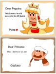  1boy 1girl black_eyes blonde_hair brown_hair chef chef_hat crown dress english_text facial_hair flat_chest gustavo_(pizza_tower) hat insult letter long_hair lowres mature_male mcpig_(style) muscular mustache original pizza_princess_(tinytoxicwaste101) pizza_tower plump princess profanity standing tinytoxicwaste101 toon_(style) 