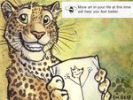  blotch drawing english_text feline leopard looking_at_viewer mammal smile solo text 
