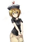  alternate_costume blonde_hair casual contemporary crescent face harusame_(unmei_no_ikasumi) hat lunasa_prismriver pants short_hair simple_background smile solo sweater touhou v_arms yellow_eyes 