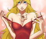  1girl bad_hands between_breasts blonde_hair breasts brief_(psg) catherine_(game) catherine_cover_parody dress eyeshadow long_hair makeup miniboy orange_hair panty_&amp;_stocking_with_garterbelt panty_(psg) parody person_between_breasts red_dress undressing yukihana_(awa) 