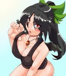  black_hair black_wings blush bottomless breasts brown_hair erect_nipples female hair_ribbon highres jewelry kurozako large_breasts long_hair necklace no_bra no_panties red_eyes reiuji_utsuho ribbon shirt solo sweat touhou wings 