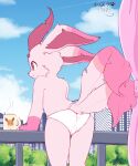 2025 absurd_res anthro anthrofied balcony beverage blue_sky building butt cheek_tuft clothing cloud coffee coffee_mug container cup curtains day detailed_background digital_drawing_(artwork) digital_media_(artwork) ear_markings eevee eeveelution facial_tuft female female_anthro fur generation_1_pokemon generation_4_pokemon gloves_(marking) hi_res kryztar leafeon leaning leaning_forward leaning_on_railing looking_outside markings mug multi_tail nintendo outside panties pink_body pink_eyes pink_fur plant pokemon pokemon_(species) pokemorph print_mug rear_view signature sky skyscape skyscraper smile solo standing tail tail_markings tree tuft underwear