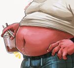2025 anthro belly belly_focus belly_peeking_out beverage big_belly body_hair clothed clothing emanata happy_trail hi_res holding_beverage holding_object holding_tablet_pen humanoid_hands male mammal overweight overweight_anthro overweight_male raised_clothing raised_shirt raised_topwear red_body said_the_saisio saisio shirt solo suid suine sus_(pig) tablet_pen topwear wild_boar