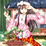  black_eyes bonsai branch brown_hair dress headband houraisan_kaguya jeweled_branch_of_hourai long_hair one_eye_closed ruu_(tksymkw) scissors shears skirt solo sweat touhou wiping_forehead 