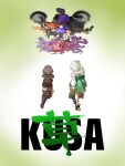  3girls akira_(manga) akira_movie_poster anya_melfissa anya_melfissa_(steampunk) bare_shoulders boots brown_boots brown_hair cargo_pants cecilia_immergreen clothing_cutout corset dirtbike doll_joints dress fallen_down gradient_background grass green_corset green_dress green_streaks highres hololive hololive_dev_is hololive_english hololive_indonesia joints kikirara_vivi motor_vehicle motorcycle multicolored_hair multiple_girls pants pink_hair poster_parody purple_arm_warmers purple_hair purple_pants shoulder_cutout streaked_hair takaton thigh_boots twintails virtual_youtuber white_hair winding_key 