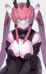  1girl animal_ears black_leotard blue_eyes breasts cleavage fake_animal_ears fake_tail grey_background hakidashi_11 large_breasts leotard long_hair phantasy_star phantasy_star_online_2 pink_hair playboy_bunny rabbit_ears rabbit_tail robot_girl simple_background smile solo strapless tail twintails very_long_hair 