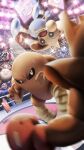  boxing_ring cellphone closed_eyes commentary_request crowd english_text fangs highres hitmonchan hitmonlee hitmontop jumbotron machoke medicham midair miyagawa_(maxggguys) motion_blur open_mouth pancham phone poke_ball_symbol pokemon pokemon_(creature) pokemon_focus primeape rotom rotom_phone smartphone smile stadium stadium_lights sweat teeth upper_teeth_only 