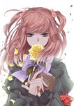  armband bad_id bad_pixiv_id blue_eyes book chiyu_ki colored_eyelashes flower hair_bobbles hair_ornament holding long_hair petals red_hair rose simple_background solo two_side_up umineko_no_naku_koro_ni upper_body ushiromiya_ange wind yellow_flower yellow_rose 