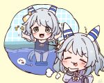  1girl animal_ears armpits artist_name blush_stickers bow bowtie ear_covers ear_ornament grey_eyes grey_hair hand_on_own_chin highres hishi_miracle_(umamusume) horse_ears horse_girl horse_tail imagining jacket kickboard long_sleeves lower_teeth_only medium_hair outstretched_arms partially_underwater_shot pool purple_sailor_collar rakugakiraid sailor_collar sailor_shirt school_swimsuit shirt signature spread_arms swimsuit tail teeth thighhighs thinking tile_wall tiles track_jacket umamusume upper_teeth_only water white_bow white_bowtie winter_uniform yellow_background you&#039;re_doing_it_wrong 
