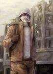  backpack bag belt black_eyes brown_gloves brown_jacket brown_pants coat cowboy_shot facial_hair gloves grey_hat hat jacket jjjjjjjjjj kazuho_yoshii looking_at_viewer male_focus mustache pants solo standing texhnolyze 