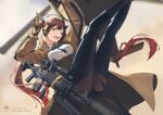  1girl ahoge aircraft ankle_boots artist_logo battle_rifle bipod black_gloves black_pantyhose black_tail black_thighhighs blue_necktie boots brown_coat brown_hair coat collared_shirt commentary commission ear_protection english_commentary girls&#039;_frontline gloves gradient_hair gun helicopter highres hiroki_ree logo long_hair looking_at_viewer m14 m14_(girls&#039;_frontline) m14_(mod3)_(girls&#039;_frontline) microphone mk_14_ebr multicolored_hair necktie one_eye_closed open_clothes open_coat open_mouth pantyhose rappelling red_hair rifle scope shirt suppressor teeth thighhighs twintails two-tone_gloves two-tone_hair upper_teeth_only v very_long_hair weapon yellow_eyes yellow_gloves 