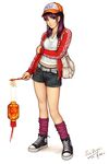  asamiya_athena bag baseball_cap belt earrings handbag hat heart highres holding jacket jewelry lantern loose_socks pen-tropic purple_eyes purple_hair realistic shoes shorts signature sneakers socks solo striped studded_belt the_king_of_fighters zipper 