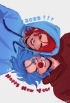  2022 2boys absurdres blue_hair blue_sweater buggy_the_clown clown_nose dated drawstring grin happy_birthday happy_new_year highres hood hood_up hooded_sweater male_focus multiple_boys one_piece open_mouth red_hair red_sweater shanks_(one_piece) smile sweater vamos_mk white_background 