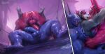 2025 2_horns anthro anus arms_around_waist artist_logo back_markings balls blue_body blue_horn blue_skin canid canine cave cross_(marking) demon eyebrow_scar eyebrows facial_scar feet feet_up fur genitals goo_creature grinding group halcyon_(takahirosi) hi_res horn humanoid imminent_anal legs_up logo long_tongue lying male male/male mammal markings multicolored_body multicolored_fur muscular muscular_anthro muscular_humanoid muscular_male o_(takahirosi) on_back on_ground open_mouth penis perineum pink_body pink_horn pink_skin red_horn scar slime snout snout_scar soles takahirosi teal_body teal_fur text tongue trio two_tone_body two_tone_fur url vein veiny_penis watermark white_body white_fur