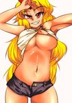  alternate_costume blonde_hair breasts casual denim denim_shorts grin groin horn hoshiguma_yuugi large_breasts long_hair midriff navel no_bra no_panties open_fly red_eyes shirt_lift short_hair short_shorts shorts simple_background smile solo sweat tank_top teeth touhou underboob unzipped very_long_hair yadokari_(yadokani) 